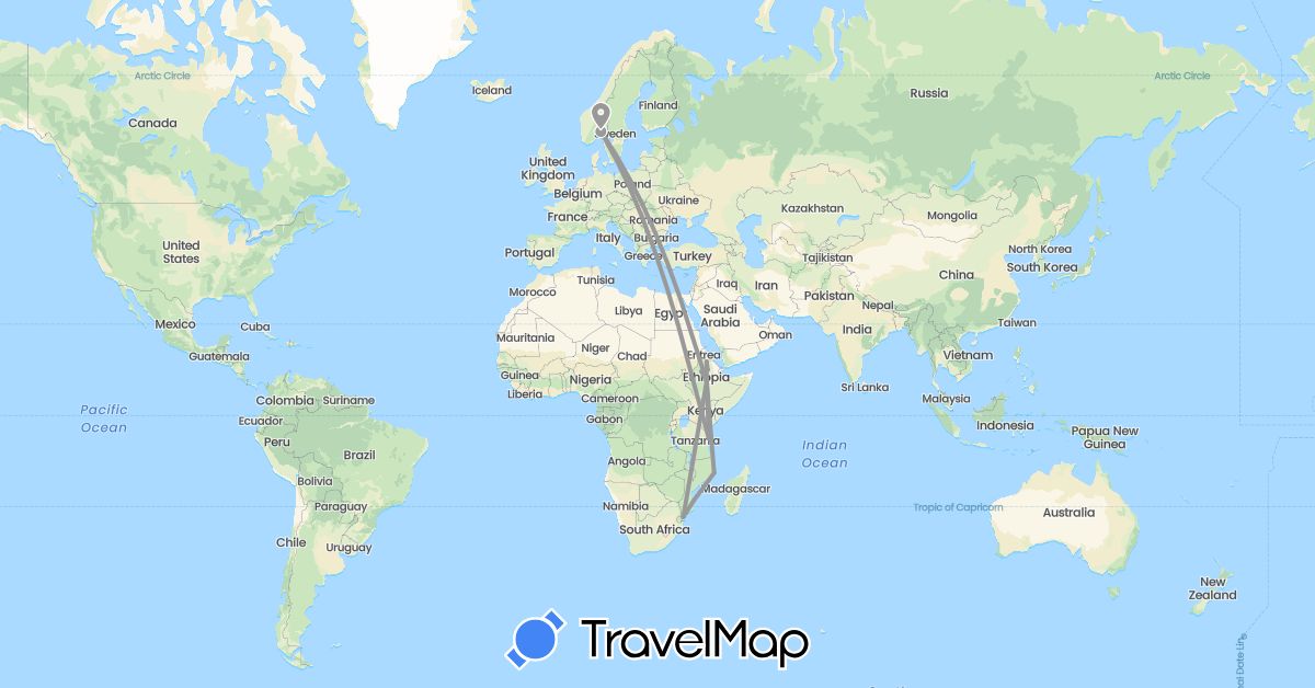 TravelMap itinerary: driving, plane in Ethiopia, Mozambique, Norway, Tanzania (Africa, Europe)